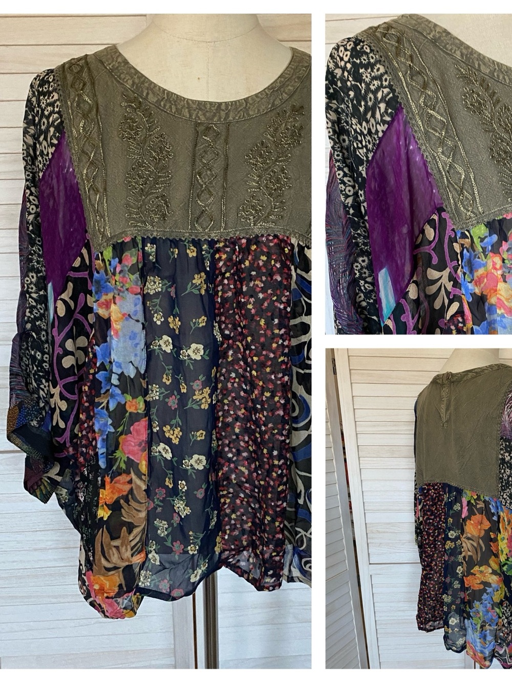 Boho Floral Patchwork Embroidered Top in Olive and Multicolor SZ XL NWT
